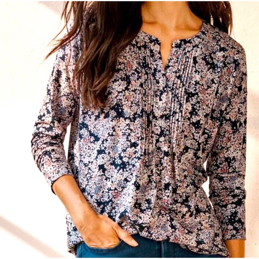 J. Jill Womens XL Floral Pintuck Split Neck Long Sleeve Knit Top Navy Pink